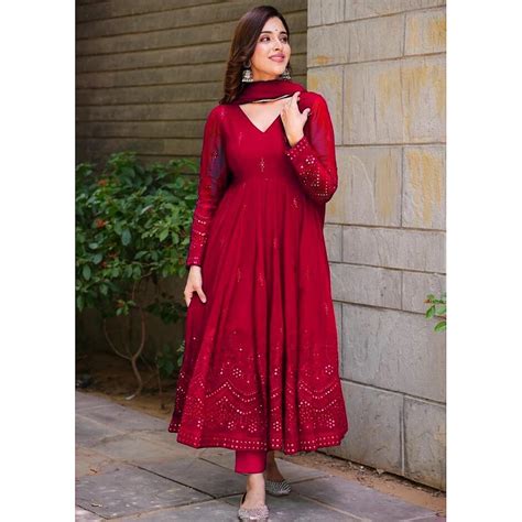 Red Georgette Thread Sequence Work Party Wear Anarkali Suit Gown