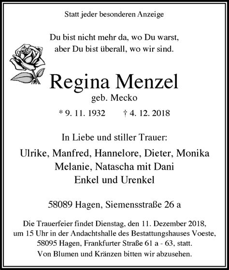 Traueranzeigen Von Regina Menzel Trauer In Nrw De