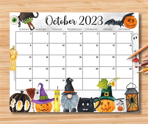 Editable October 2023 Calendar Spooky Halloween W Cute Gnome Etsy Artofit