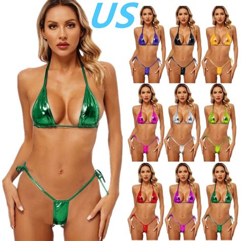 Women S Pcs Shiny Metallic Lace Up Bikini Set Bra Top With Thongs Swimsuit Ebay