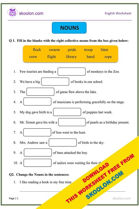 English Grammar Noun Worksheet For Grade Nouns Nouns Worksheets Esl