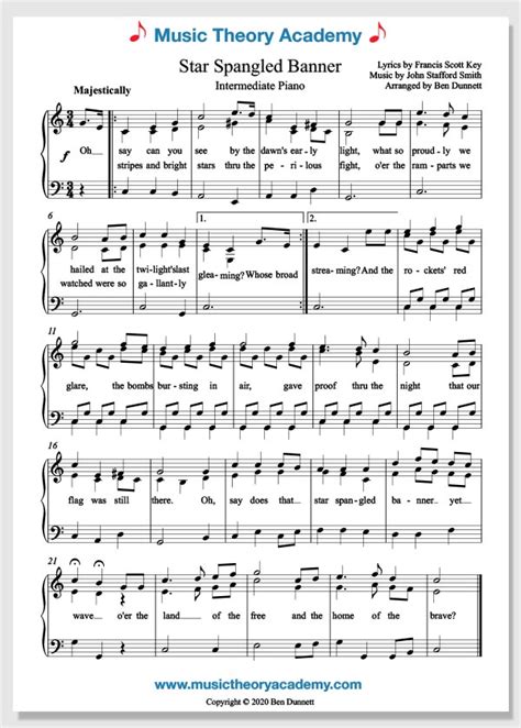 Star Spangled Banner Music Theory Academy Easy Piano Sheet Music