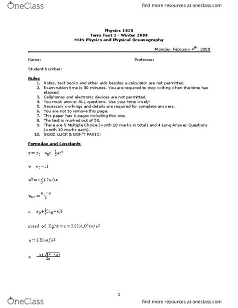 PHYS 1020 Midterm PHYS 1020 Term Test 1 Winter 2008 OneClass