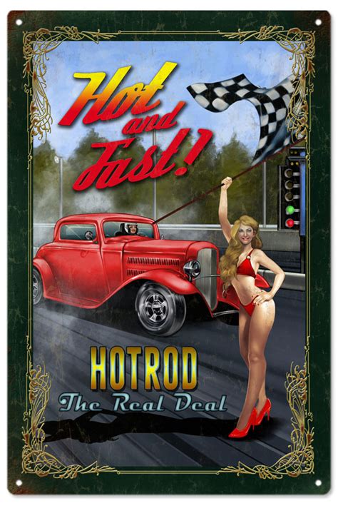 Hot And Fast Pin Up Girl Sign Hot Rod Garage Art Reproduction Vintage Signs