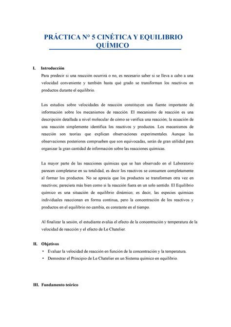 Práctica N5 Quimica informe 5 PRÁCTICA N 5 CINÉTICA Y EQUILIBRIO