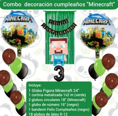 Combo Decoración Cumpleaños Globo Minecraft Cortina Banderin MercadoLibre