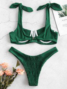 ZAFUL Smocked Tie Shoulder Bikini Set In DEEP GREEN ZAFUL 2024