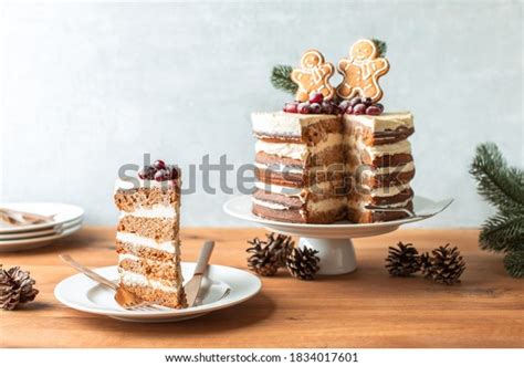 Piece Naked Christmas Cake Decorated Gingerbread Stock Photo