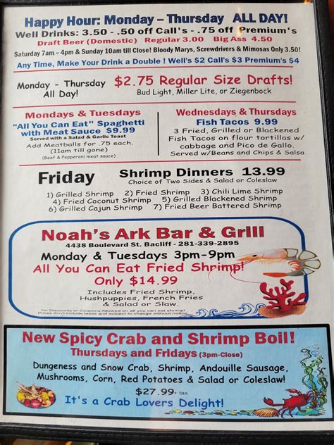 Menu At Noah S Ark Restaurant Bar Bacliff