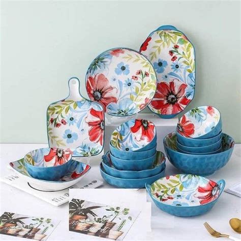 Nordic Luxury Bohemian Flower Ceramic Dinnerware Set Pinggan Mangkuk