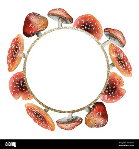 Red Fly Agarics Mushrooms Round Frame With Gold Border Watercolor