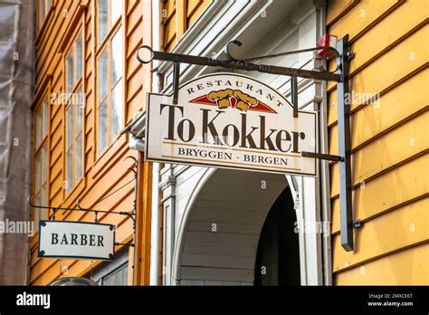 Shop Signs On Historic Hanseatic Buildings In Bryggen Bergen Norway