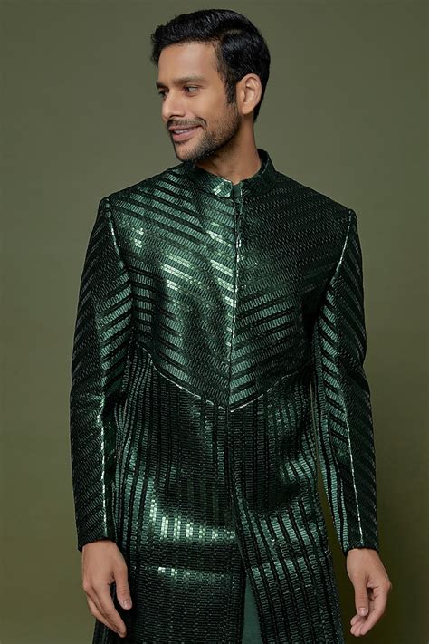 Buy Amit Aggarwal Men Emerald Metallic Handwoven Sherwani Set At Pernia