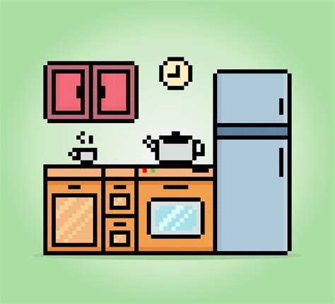 8 Bit Pixel Kitchen Set Table Refrigerator And Coffee Teapot In Vector