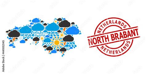 Weather Collage Map Of North Brabant Province And Textured Red Round Badge Geographic Vector