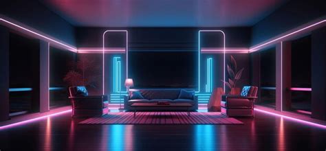 Premium Ai Image Modern Dark Room With Glowing Neon Lines With Retro