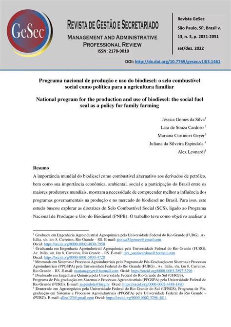 Pdf Programa Nacional De Produção E Uso Do Biodiesel O Selo