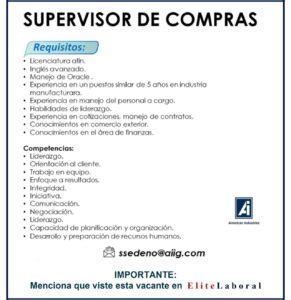 Vacante Supervisor De Compras Elitelaboral