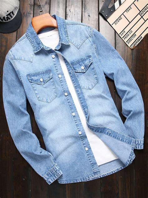 Light Wash Casual Collar Long Sleeve Denim Plain Shirt Embellished Non Stretch Men Denim Blue