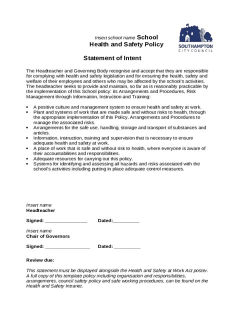 School Health And Safety Policy Statement Of Intent Doc Template Pdffiller