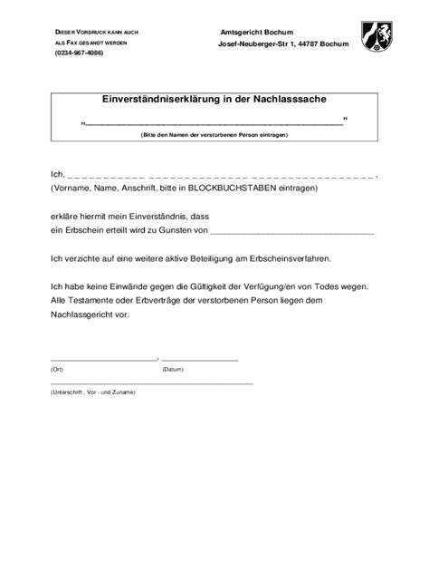 Ausf Llbar Online Einverstndniserklrung In Der Nachlasssache Fax Email