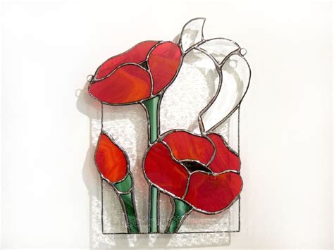 Poppies Stained Glass Suncatcher Panel Red Poppy Window Etsy