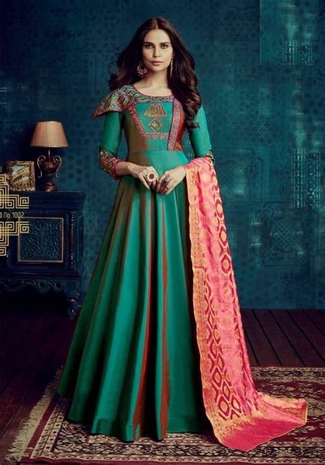 Green Resham Embroidery Taffeta Salwar Saini Vastra 2948252