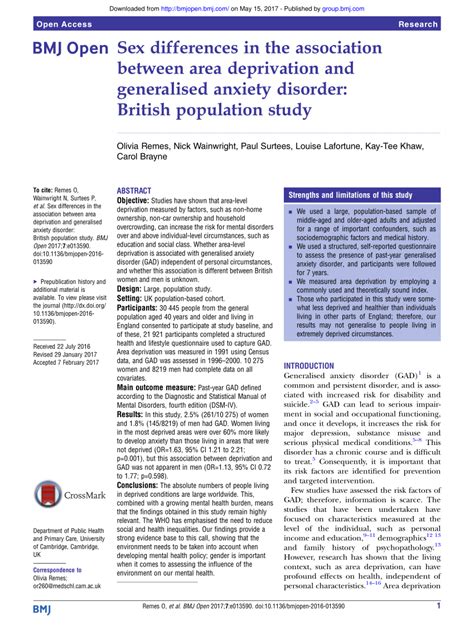 Pdf Sex Differences In The Association Between Area Deprivation And Generalised Anxiety