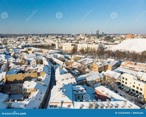 Beautiful Vilnius City Panorama In Winter With Snow Covered Houses