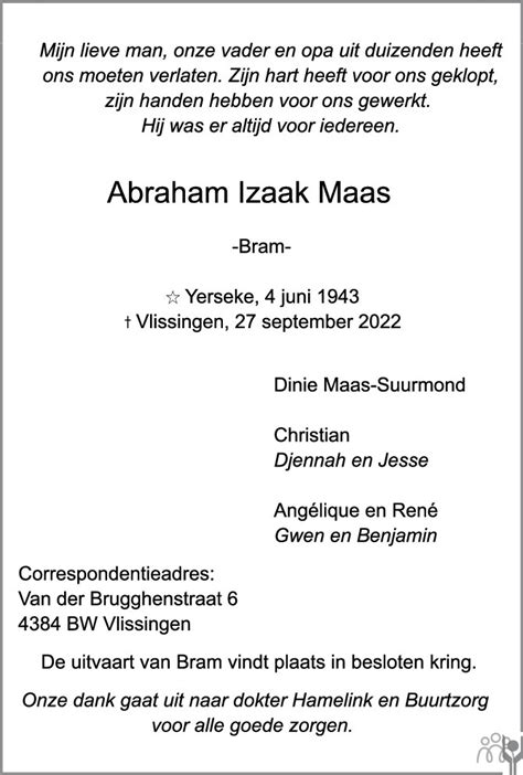 Abraham Izaak Bram Maas Overlijdensbericht En Condoleances