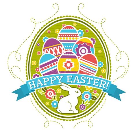 Easter Label With Color Eggs Rabbit And Flowers Holiday Easter