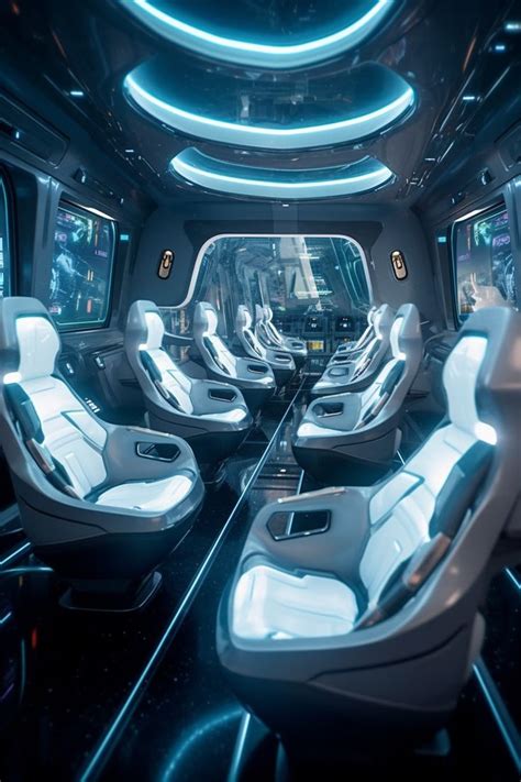 The Interior Of A Futuristic Vehicle With White Seats And Neon Lights