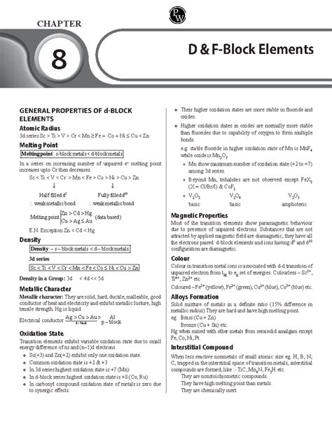 D And F Block Elements Short Notes Vijeta Series Class 12th Chapter 8 D