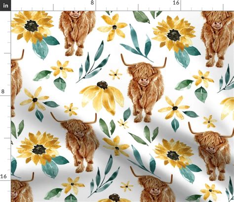 Highland Cow And Sunflowers Large Fabric Spoonflower