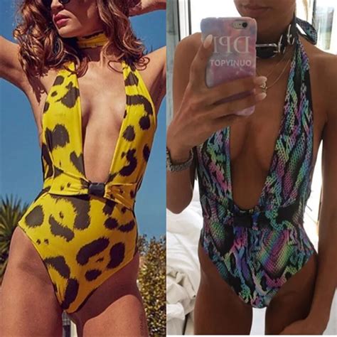 Bikini 2018 Sexy Leopard One Piece Swimsuit Women Halter Deep V