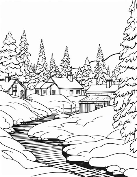 Premium Photo A Black And White Drawing Of A Snowy Landscape With A