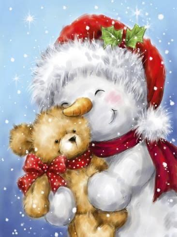 Snowman And Teddy Giclee Print MAKIKO Art Christmas Drawing