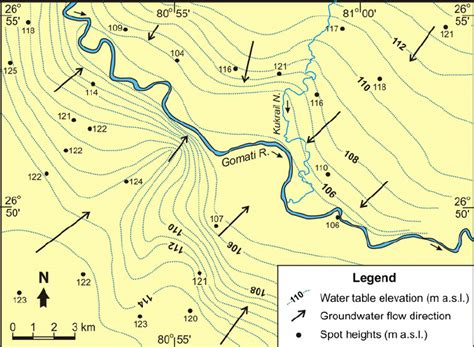 Groundwater contour map of Lucknow showing the elevation of piezometric ...