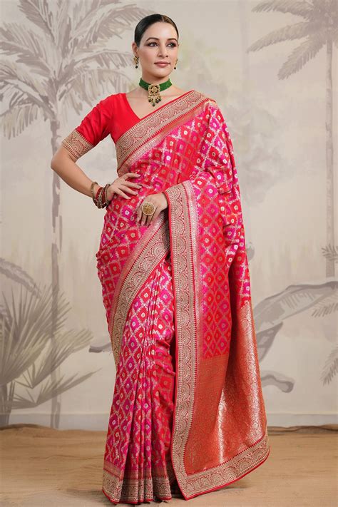 Red Silk Floral Zari Woven Saree With Zari Embroidered Border Meena Bazaar