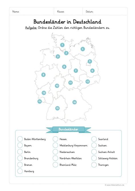 Kostenlose Arbeitsblätter und Übungen zum Thema Bundesländer für den