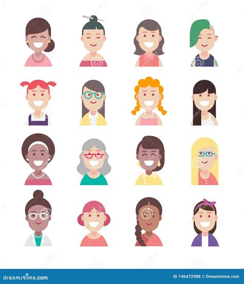 Diversity People Avatar Flat Icon Set Vector Women Characters Stock