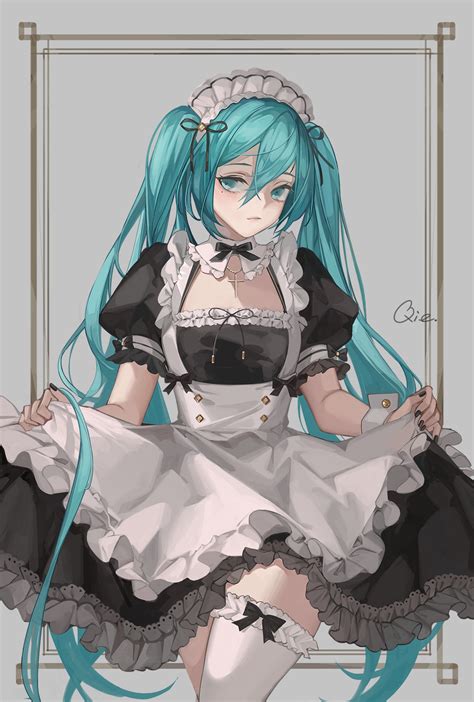 Safebooru 1girl Alternate Costume Apron Aqua Eyes Aqua Hair Closed Mouth Clothes Lift Cross