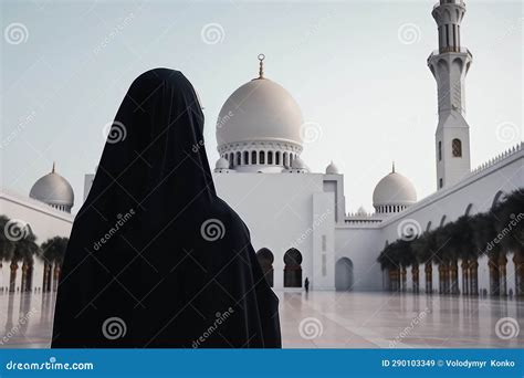 Woman In The Black Hood Visiting Grand Mosque In Abu Dhabi United Arab