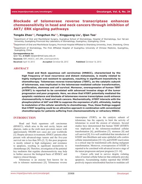 PDF Blockade Of Telomerase Reverse Transcriptase Enhances