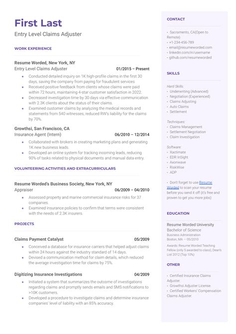 Entry Level Claims Adjuster Resume Examples For 2025 Resume Worded