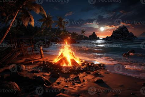 A roaring bonfire on a beach at night. Generative AI 26809084 Stock ...