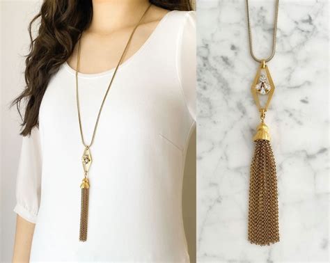 Statement Gold Tassel Necklace This Vintage Long Gold Chain Tassel Pendant With Aurora Borealis