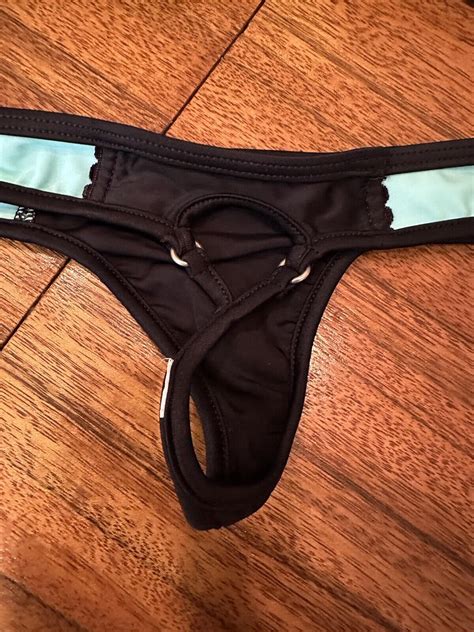 Rare Wicked Weasel Tuxedo Black Teal Thong Bikini Gem