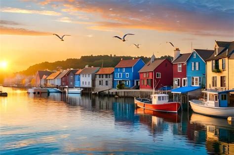 Premium Ai Image A Colorful Row Of Houses With Seagulls Flying Over Them
