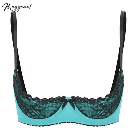 Womens Sexy Lingerie Open Chest Bra Adjustable Spaghetti Straps Underwire Half Cup Bow Lace Push